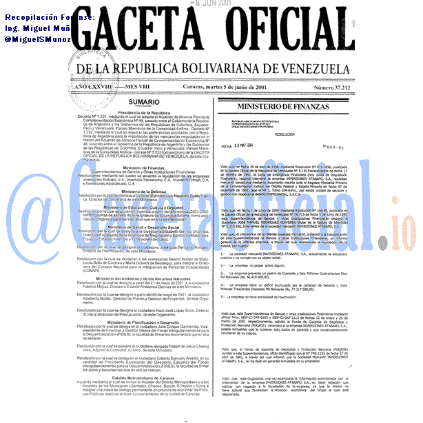 Gaceta Oficial 37212 del 5 Junio 2001