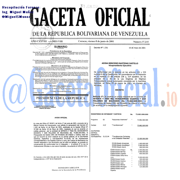 Gaceta Oficial 37215 del 8 Junio 2001