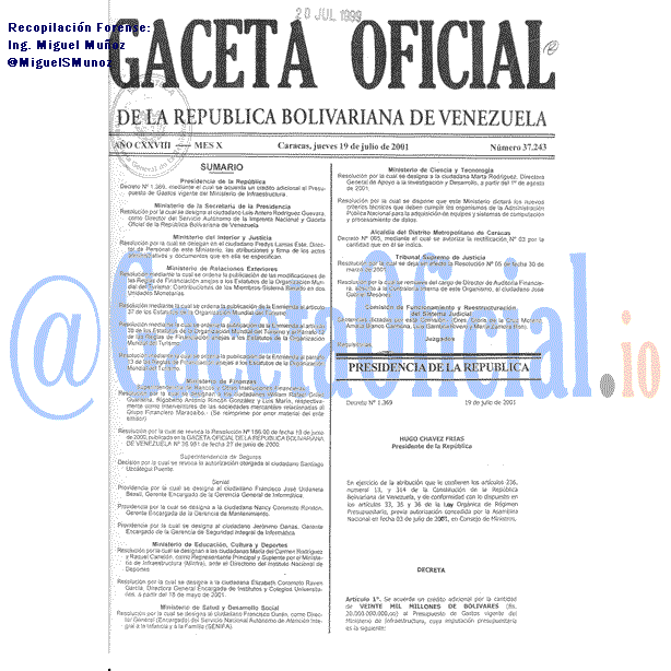 Gaceta Oficial 37243 del 19 Julio 2001