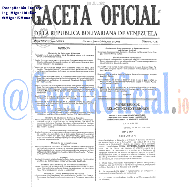 Gaceta Oficial 37247 del 26 Julio 2001
