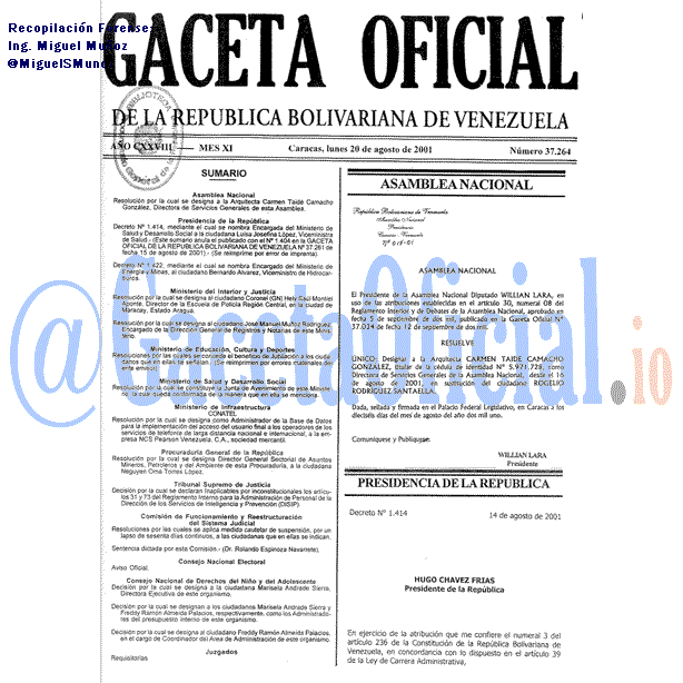 Gaceta Oficial 37264 del 20 Agosto 2001