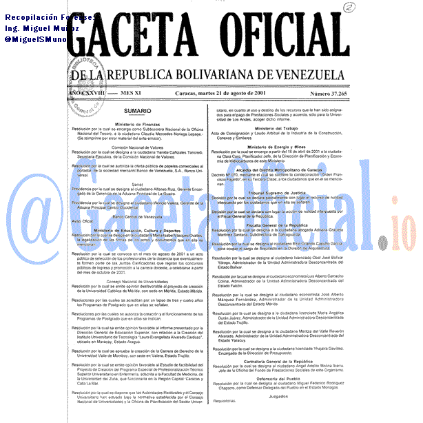 Gaceta Oficial 37265 del 21 Agosto 2001