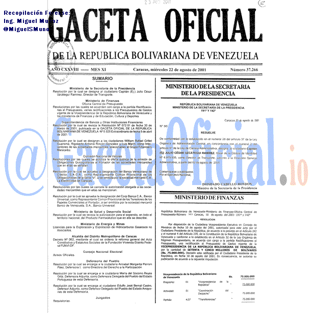 Gaceta Oficial 37266 del 22 Agosto 2001
