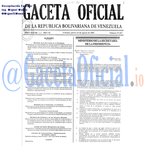Gaceta Oficial 37267 del 23 Agosto 2001
