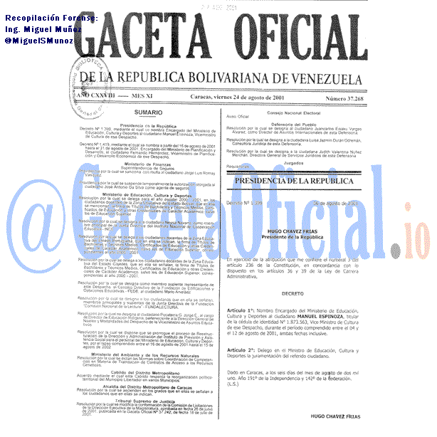 Gaceta Oficial 37268 del 24 Agosto 2001