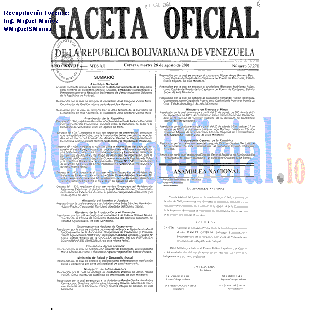 Gaceta Oficial 37270 del 28 Agosto 2001