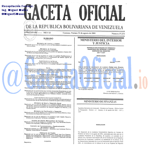 Gaceta Oficial 37273 del 31 Agosto 2001