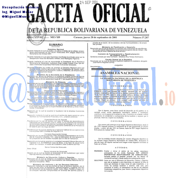 Gaceta Oficial 37287 del 20 Septiembre 2001