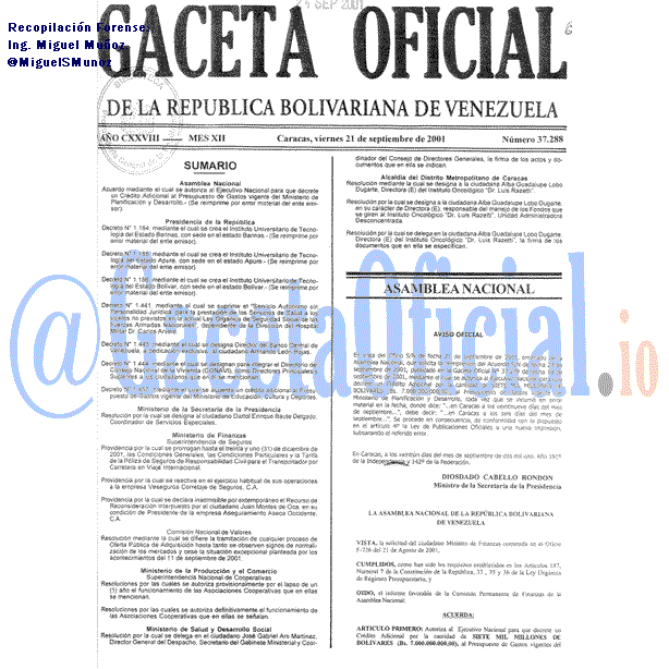 Gaceta Oficial 37288 del 21 Septiembre 2001