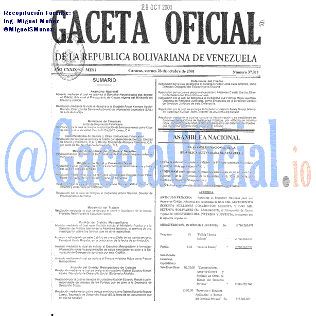 Gaceta Oficial 37311 del 26 Octubre 2001