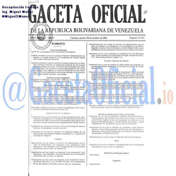 Gaceta Oficial 37313 del 30 Octubre 2001