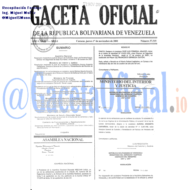Gaceta Oficial 37315 del 1 Noviembre 2001