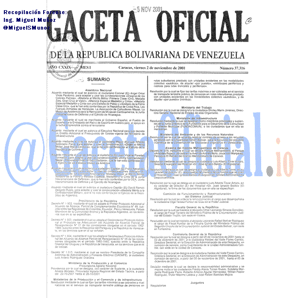 Gaceta Oficial 37316 del 2 Noviembre 2001