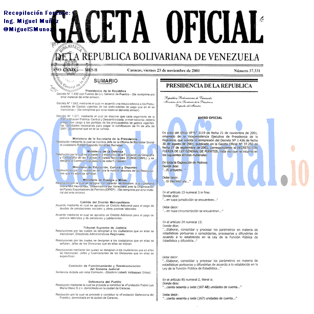 Gaceta Oficial 37331 del 23 Noviembre 2001