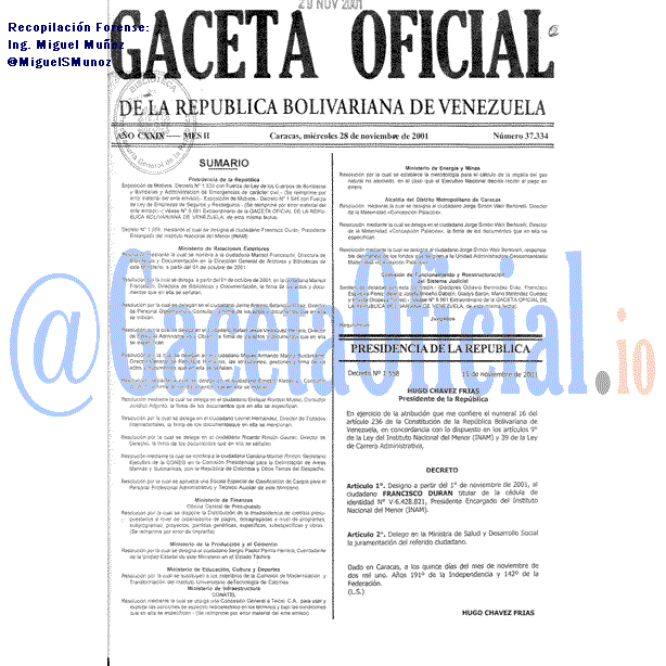 Gaceta Oficial 37334 del 28 Noviembre 2001
