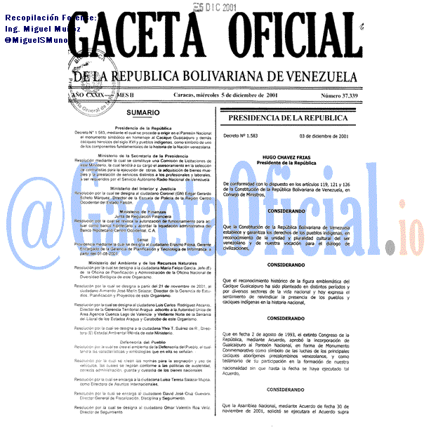 Gaceta Oficial 37339 del 5 Diciembre 2001