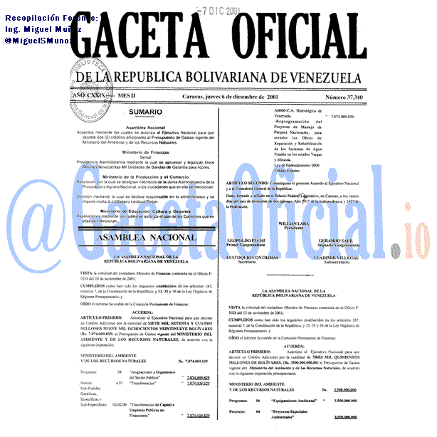 Gaceta Oficial 37340 del 6 Diciembre 2001