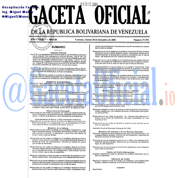 Gaceta Oficial 37354 del 28 Diciembre 2001