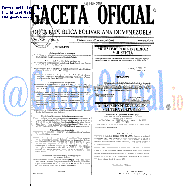 Gaceta Oficial 37374 del 29 Enero 2002