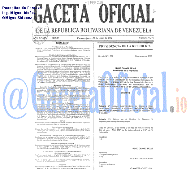 Gaceta Oficial 37376 del 31 Enero 2002