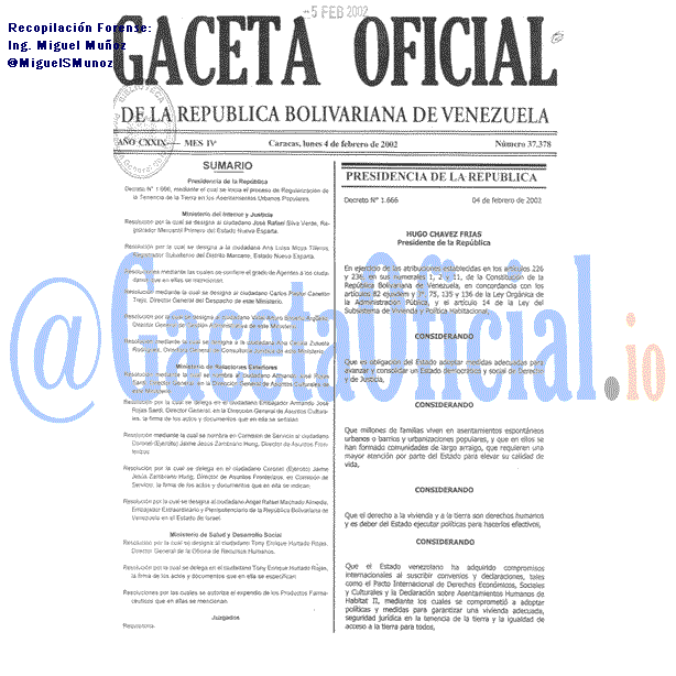 Gaceta Oficial 37378 del 4 Febrero 2002