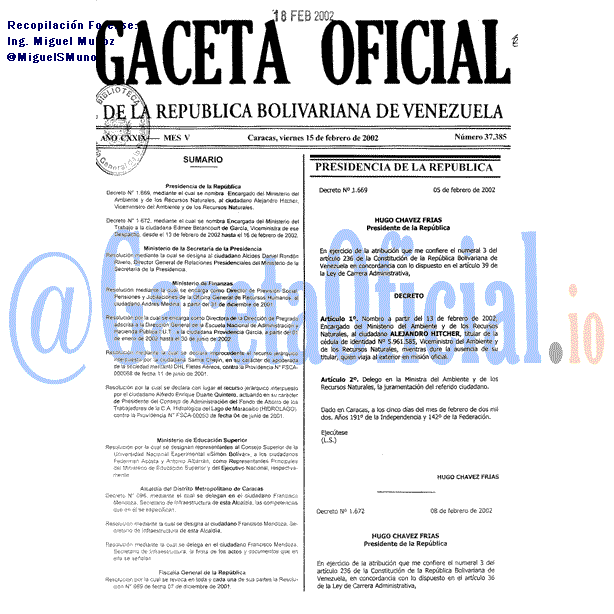 Gaceta Oficial 37385 del 15 Febrero 2002