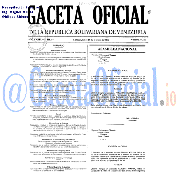 Gaceta Oficial 37386 del 18 Febrero 2002