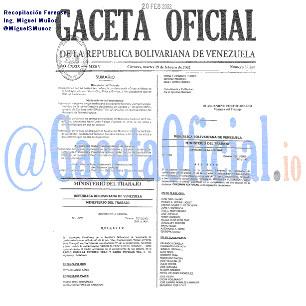 Gaceta Oficial 37387 del 19 Febrero 2002