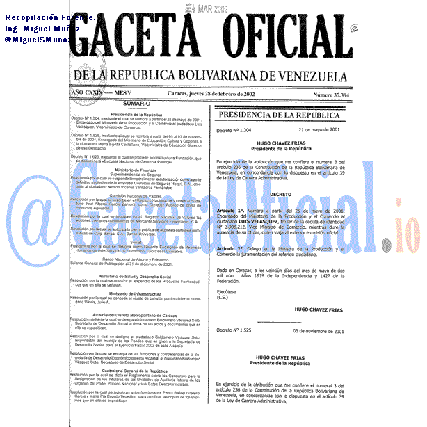 Gaceta Oficial 37394 del 28 Febrero 2002