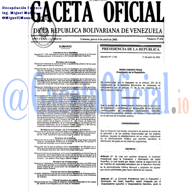 Gaceta Oficial 37416 del 4 Abril 2002