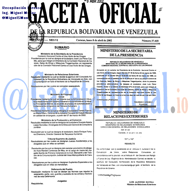 Gaceta Oficial 37418 del 8 Abril 2002
