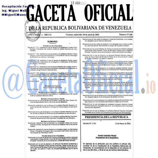 Gaceta Oficial 37420 del 10 Abril 2002