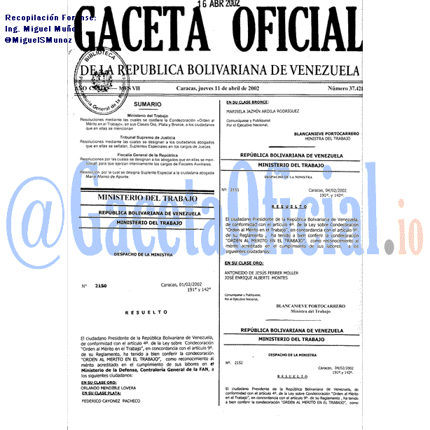Gaceta Oficial 37421 del 11 Abril 2002
