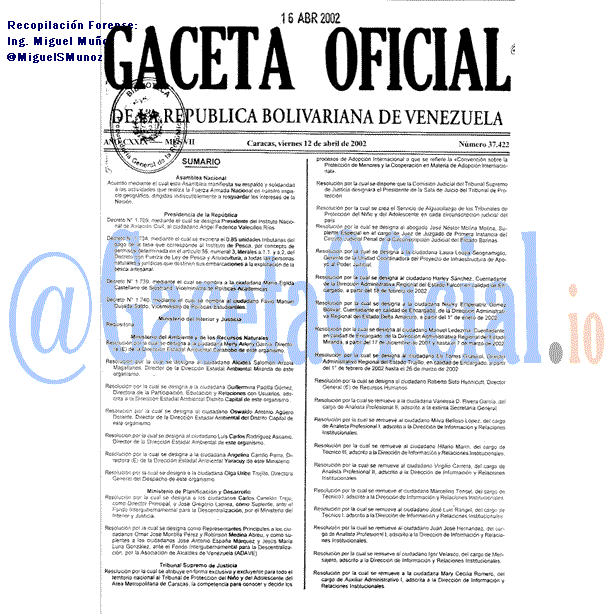 Gaceta Oficial 37422 del 12 Abril 2002