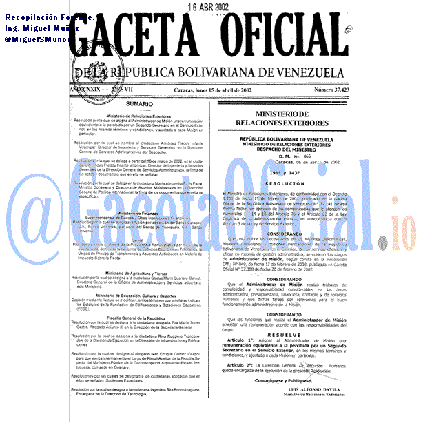 Gaceta Oficial 37423 del 15 Abril 2002