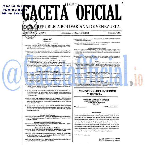 Gaceta Oficial 37426 del 18 Abril 2002