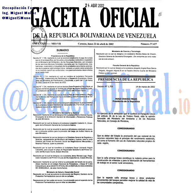 Gaceta Oficial 37427 del 22 Abril 2002