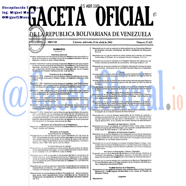 Gaceta Oficial 37429 del 24 Abril 2002