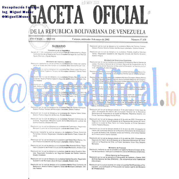 Gaceta Oficial 37438 del 8 Mayo 2002