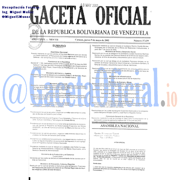 Gaceta Oficial 37439 del 9 Mayo 2002