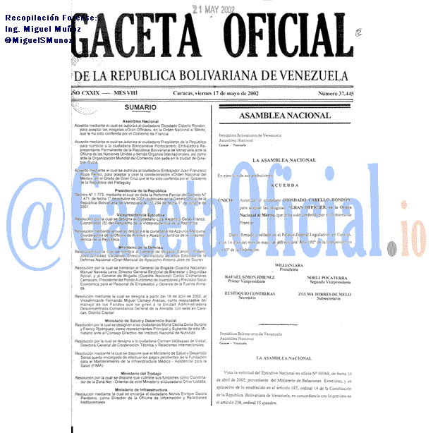 Gaceta Oficial 37445 del 17 Mayo 2002
