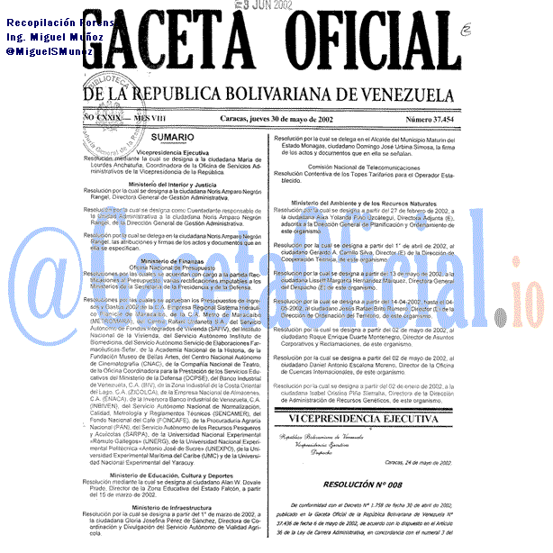 Gaceta Oficial 37454 del 30 Mayo 2002