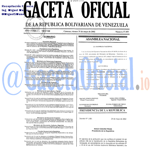 Gaceta Oficial 37455 del 31 Mayo 2002
