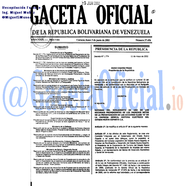 Gaceta Oficial 37456 del 3 Junio 2002