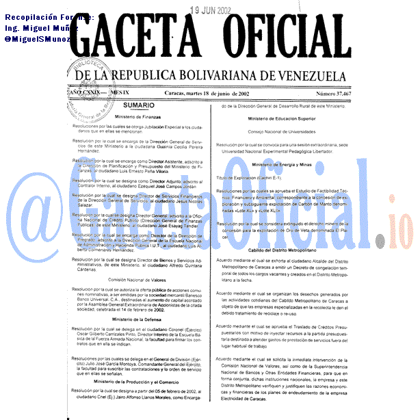 Gaceta Oficial 37467 del 18 Junio 2002
