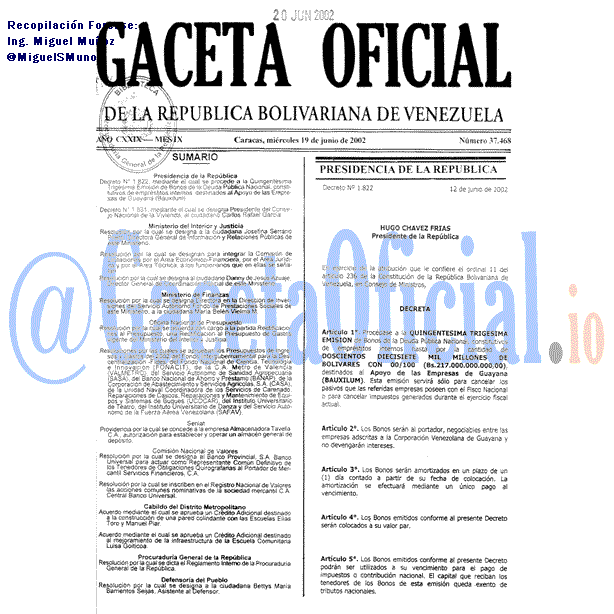 Gaceta Oficial 37468 del 19 Junio 2002