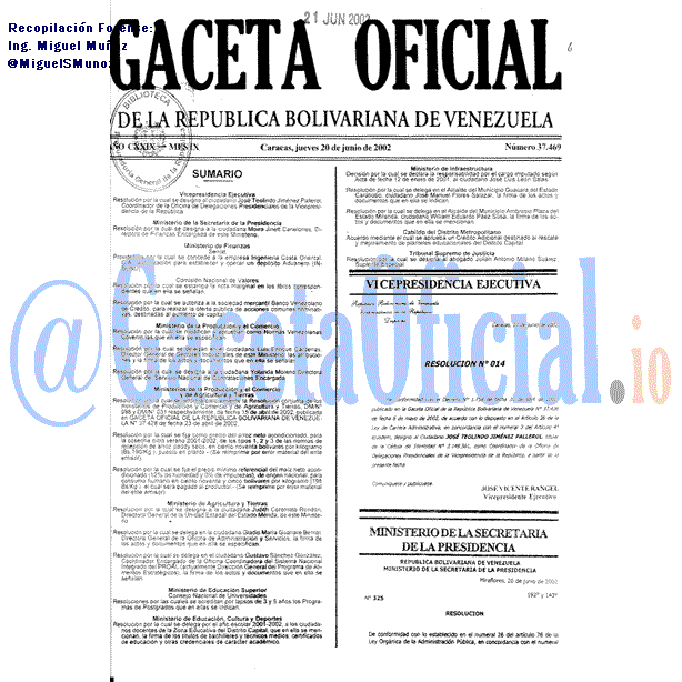 Gaceta Oficial 37469 del 20 Junio 2002