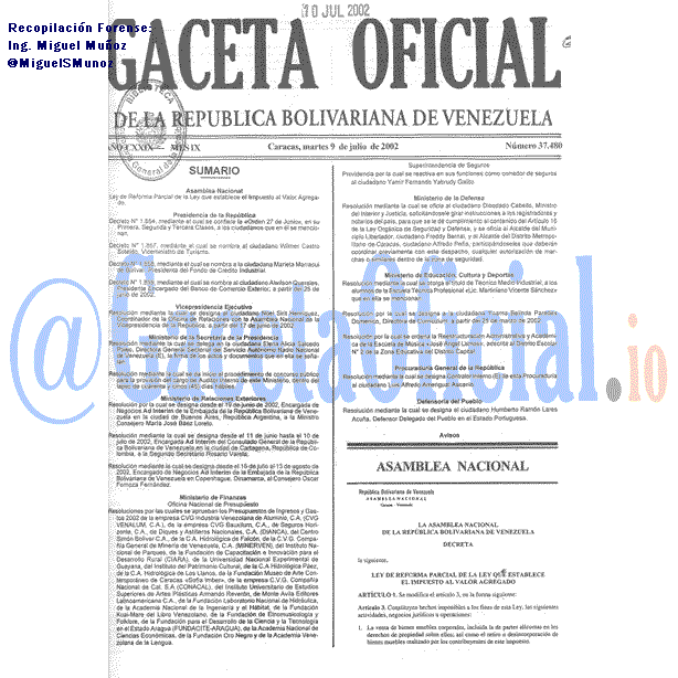 Gaceta Oficial 37480 del 9 Julio 2002
