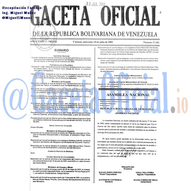 Gaceta Oficial 37481 del 10 Julio 2002