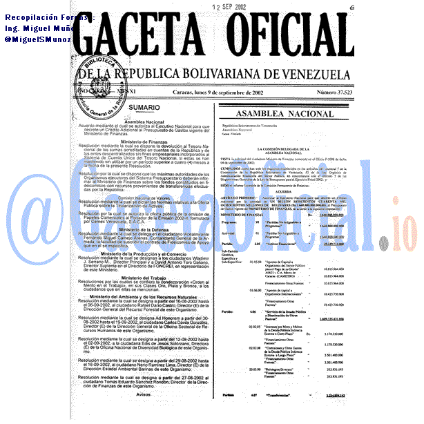 Gaceta Oficial 37523 del 9 Septiembre 2002